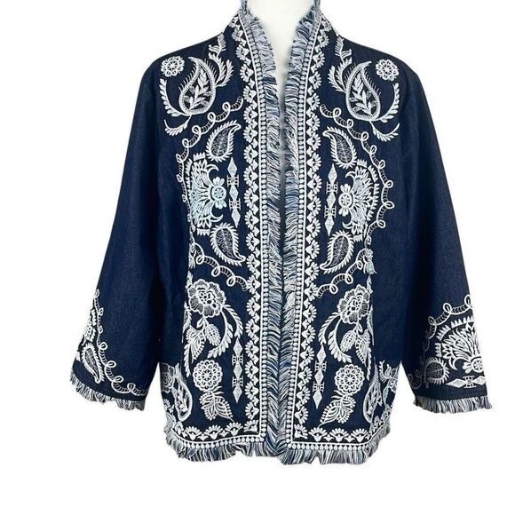 Soft Surroundings Mesaria Boho Embroidered Chambray Denim Fringe Trim Jacket XL - Picture 1 of 16